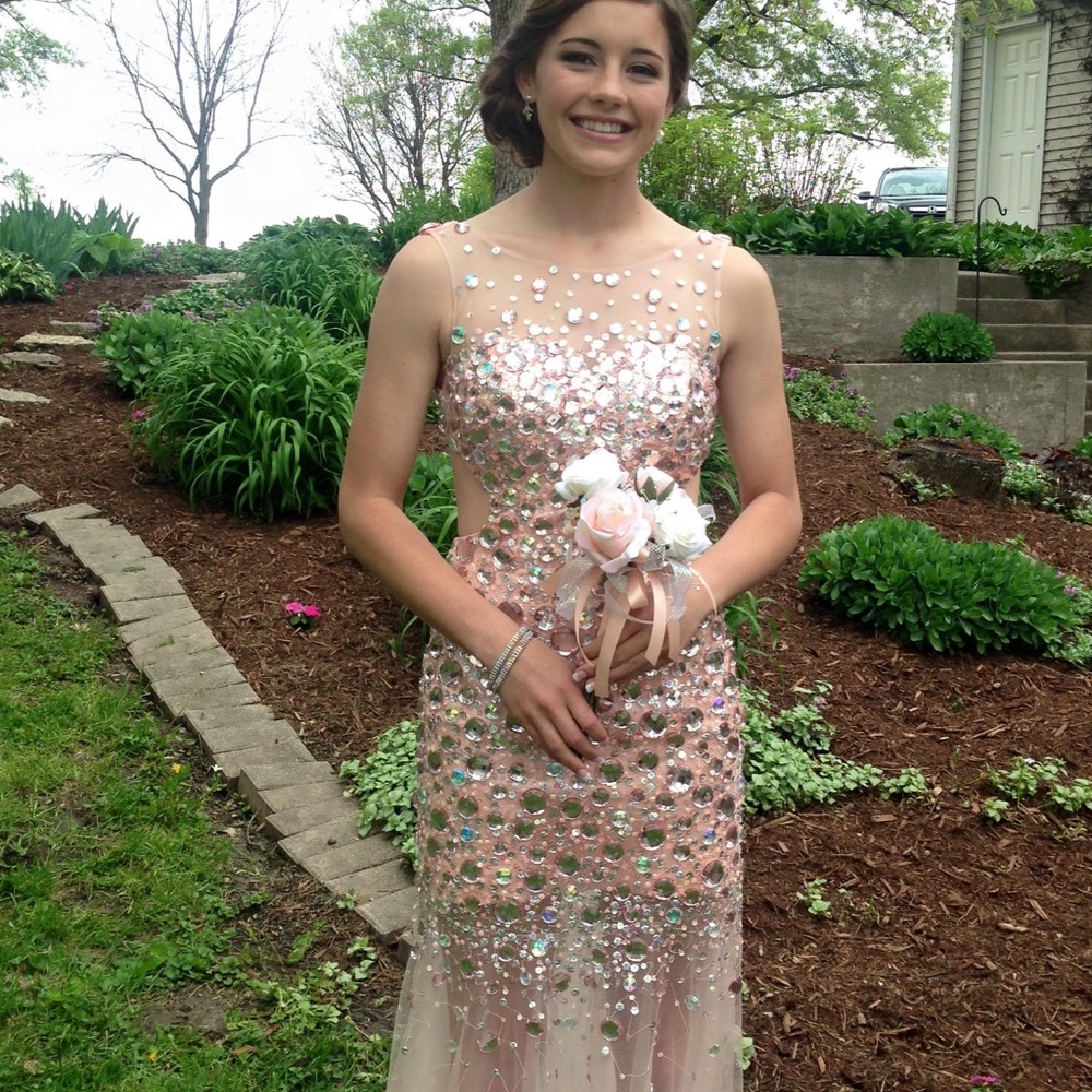 Night Moves sequin/beaded light pink prom dress